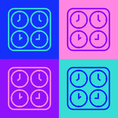 Canvas Print - Pop art line Time zone clocks icon isolated on color background. Vector