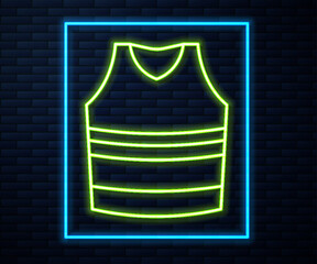 Poster - Glowing neon line Undershirt icon isolated on brick wall background. Vector