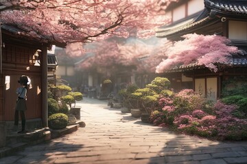 Traditional Japanese house with blossoms