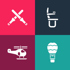 Sticker - Set pop art Hot air balloon, Helicopter, Airplane seat and Marshalling wands icon. Vector