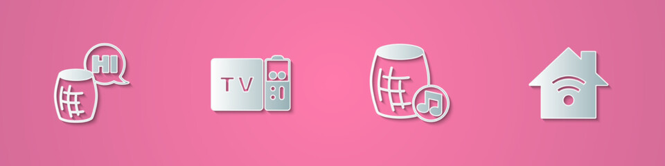Poster - Set paper cut Voice assistant, Multimedia and TV box receiver, and Smart home with wi-fi icon. Paper art style. Vector
