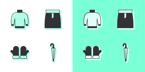 Poster - Set Umbrella, Sweater, Christmas mittens and Skirt icon. Vector