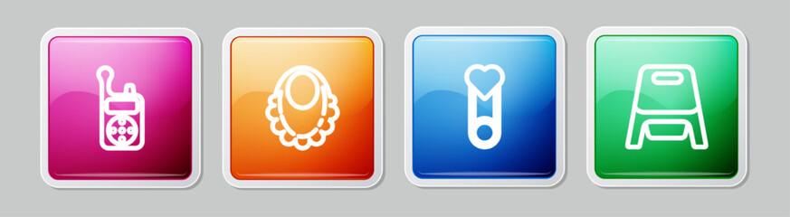 Sticker - Set line Baby Monitor Walkie Talkie, bib, clothes pin and potty. Colorful square button. Vector