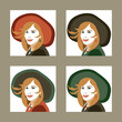 Vector illustration in one color range consisting of 4 variants of a lady with a hat on, wearing a pendant and earrings as a set of jewelry