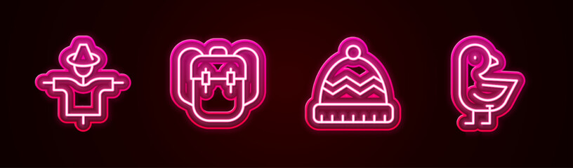 Sticker - Set line Scarecrow, School backpack, Winter hat and Little chick. Glowing neon icon. Vector