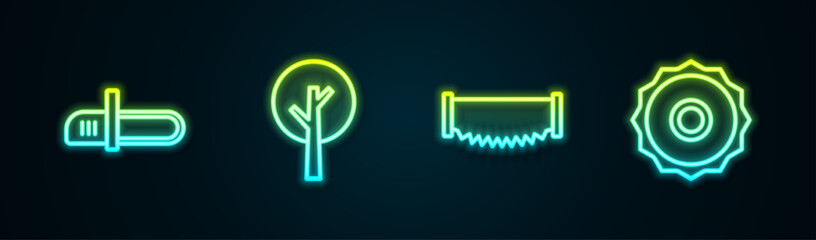 Wall Mural - Set line Chainsaw, Tree, Two-handed and ircular blade. Glowing neon icon. Vector