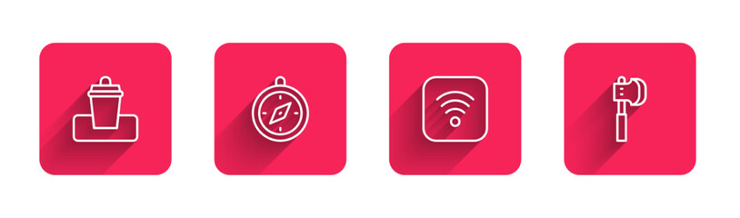 Poster - set line trash can, compass, wi-fi wireless internet and wooden axe with long shadow. red square but