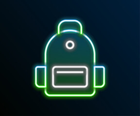 Sticker - Glowing neon line School backpack icon isolated on black background. Colorful outline concept. Vector