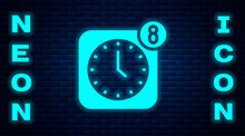 Glowing Neon Alarm Clock App Smartphone Interface Icon Isolated On Brick Wall Background. Vector