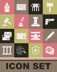 Wall Mural - Set Scales of justice, Fountain pen nib, Pistol or gun, Law pillar, Feather and inkwell, Judge gavel, and Stamp icon. Vector