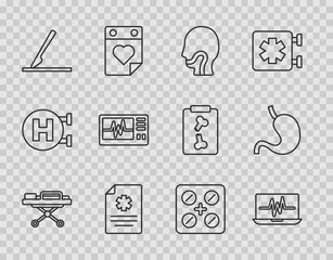 Poster - Set line Stretcher, Laptop with cardiogram, Sore throat, Clinical record, Medical surgery scalpel, Monitor, Pills blister pack and Human stomach icon. Vector