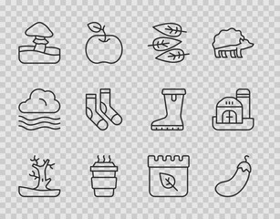 Wall Mural - Set line Bare tree, Eggplant, Leaf or leaves, Coffee cup to go, Mushroom, Socks, Calendar with autumn and Farm house icon. Vector