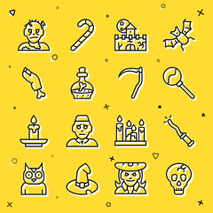 Poster - Set line Skull, Magic wand, Lollipop, Castle, fortress, Bottle with potion, Zombie finger, mask and Scythe icon. Vector