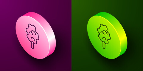 Sticker - Isometric line Cotton candy icon isolated on purple and green background. Circle button. Vector