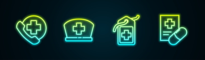 Wall Mural - Set line Emergency phone call to hospital, Nurse hat with cross, Cross medical tag and Medical prescription. Glowing neon icon. Vector