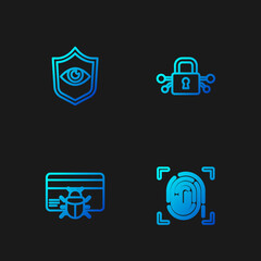 Sticker - Set line Fingerprint, System bug credit card, Shield and eye and Cyber security. Gradient color icons. Vector