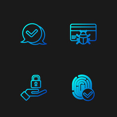 Sticker - Set line Fingerprint, Lock hand, Check mark speech bubble and System bug credit card. Gradient color icons. Vector