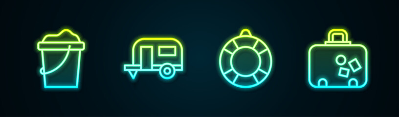 Poster - Set line Sand in bucket, Rv Camping trailer, Lifebuoy and Suitcase. Glowing neon icon. Vector