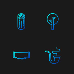 Set line Smoking pipe, Two-handed saw, Wooden logs and Tree. Gradient color icons. Vector