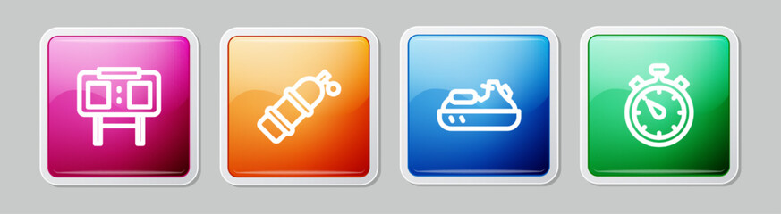 Sticker - Set line Sport mechanical scoreboard, Aqualung, Jet ski and Stopwatch. Colorful square button. Vector