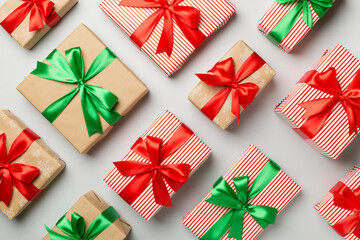 Christmas gift boxes on color background, top view