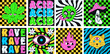 Psychedelic patches with acid rave figures and writing. Trippy crazy stickers.
