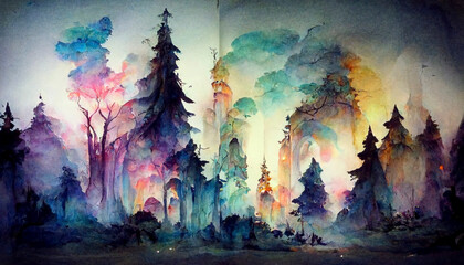 Wall Mural - A fabulous watercolor ancient illustration of a tree of life with a bright aura. Magic fairy forest.