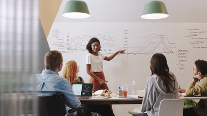Poster - Planning, workshop and training with a creative woman or leader giving a presentation to a team in a strategy seminar. Teamwork, learning and coaching with a design group working on data in a startup