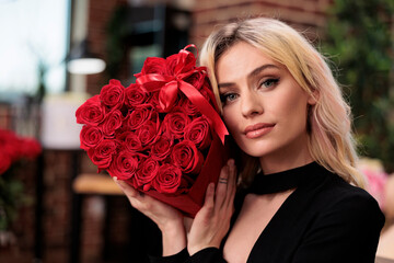 Wall Mural - Beautiful woman holding roses portrait, valentines day gift. Attractive blonde girlfriend with flower bouquet in heart shaped box looking at camera, love holiday celebration event.