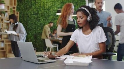 Aufkleber - Startup research, writing notes or creative woman listening to music for planning schedule, strategy or business goals. Tech, marketing or employee working on innovation, analytics or company growth