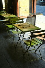 Sticker - Empty restaurant tables set in the terrace waiting customers for dinner