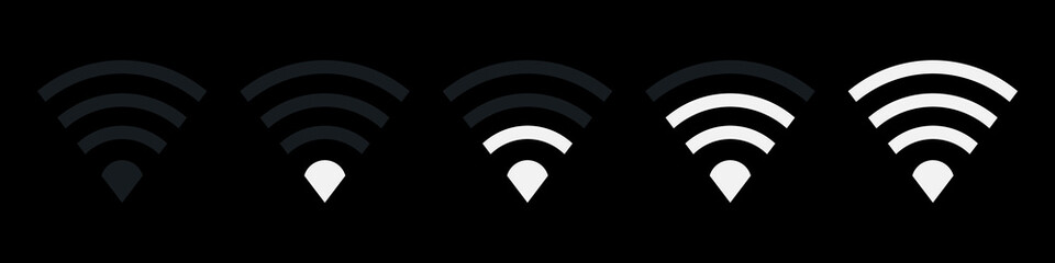 Modern Wi-fi icons. Wireless and wifi symbol. Wi-fi signal symbol for apps and websites. Internet connection. Vector isolated on black background.