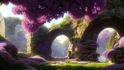 Fairytale garden with stone arch and lilacs. Fantasy landscape, lilac bushes, stone arch, portal, entrance, unreal world. 3D illustration