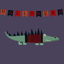 Halloween  Card With Crocodile Wearing  A Sweater Red And Black  And  Decoration Background 
