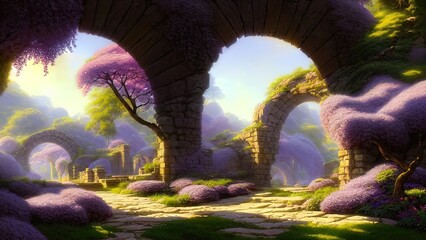 Fairytale garden with stone arch and lilacs. Fantasy landscape, lilac bushes, stone arch, portal, entrance, unreal world. 3D illustration