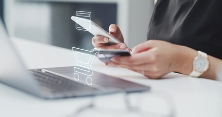Poster - woman hand online shopping, phone internet payment or bank app hologram, ux and vr futuristic ecomme