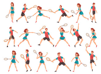 Wall Mural - Man and Woman Playing Tennis as Racket Sport on Court Big Vector Set