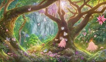 Children Playing In A Beautiful Enchanted Magic Forest With Big Fairytale Trees With Big Roots, Great Vegetation, Flowing Waterfalls, Butterflies And Flowers, Rays Of Light, Storybook Illustration
