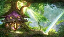 Enchanted Cute Fairy Tree House In An Old Tree, Magical Dream Fantasy Forest With Great Vegetation And Flowing Waterfalls, Rays Of Light, Butterflies, Flowers, Storybook Illustration