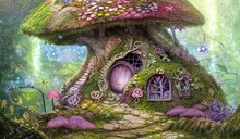 Enchanted Cute Fairy Tree House In An Old Tree, Magical Dream Fantasy Forest With Great Vegetation And Flowing Waterfalls, Rays Of Light, Butterflies, Flowers, Storybook Illustration