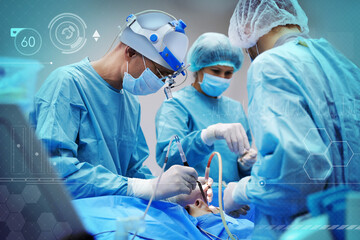 Poster - Team of professional doctors performing operation in surgery room and illustration of different virtual icons