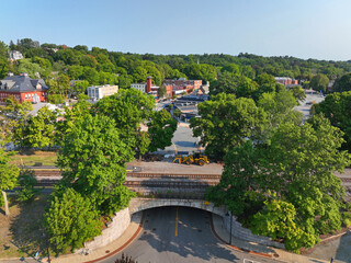 Belmont railroad bridge across Concord Avenue aerial view in historic town center of Belmont, Massachusetts MA, USA. 