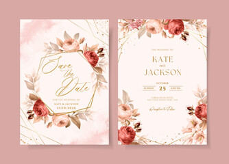 Wedding invitation template set with beautiful floral and leaves decoration