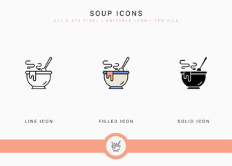 Fototapete - Soup icons set vector illustration with solid icon line style. Hot bowl concept. Editable stroke icon on isolated background for web design, user interface, and mobile application