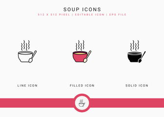 Fototapete - Soup icons set vector illustration with solid icon line style. Hot bowl concept. Editable stroke icon on isolated background for web design, user interface, and mobile application