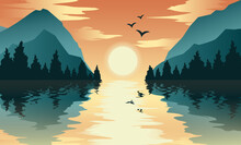 An Abstract Image Of A Sunset Or Dawn Over Mountains In The Background And A River Or Lake In The Foreground. Mountain. Vector Illustration. Flat Natural Landscape With Trees. Beautiful Scenery
