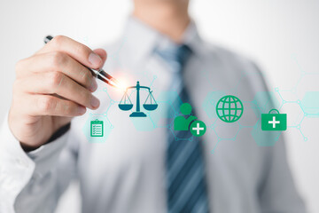 Poster - A doctor hand presses the button icon for justice healthcare. on the subject of healthcare.