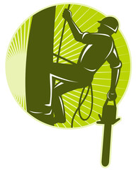 Wall Mural - illustration of an arborist tree surgeon with chainsaw climbing a tree done in retro style set inside circle
