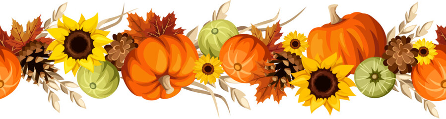 Wall Mural - autumn seamless border with pumpkins, sunflowers, ears of wheat, maple leaves, and pinecones. thanks