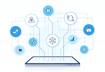 Wall Mural - fintech, blockchain illustration: digital economy concept, internet banking, financial technology pl